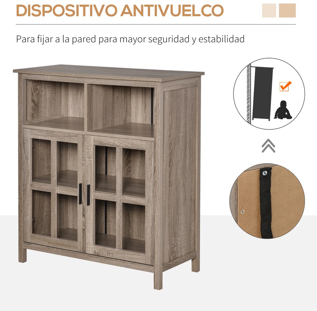 HOMCOM Aparador de Cozinha Armário Buffet com 2 Portas de Vidro e 2 Compartimentos Abertos Móvel Auxiliar de Armazenamento para Sala de Jantar Sala de Estar 90x40x100cm Carvalho