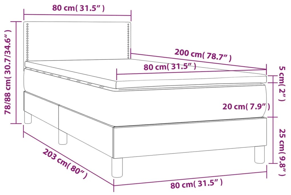 Cama box spring c/ colchão e LED 80x200 cm tecido azul