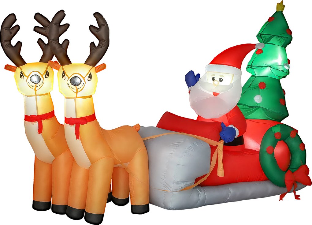 Pai Natal Insuflável com Trenó Renas e Árvore de Natal com Luzes LED Decoração de Natal 216x90x150 cm Multicolor