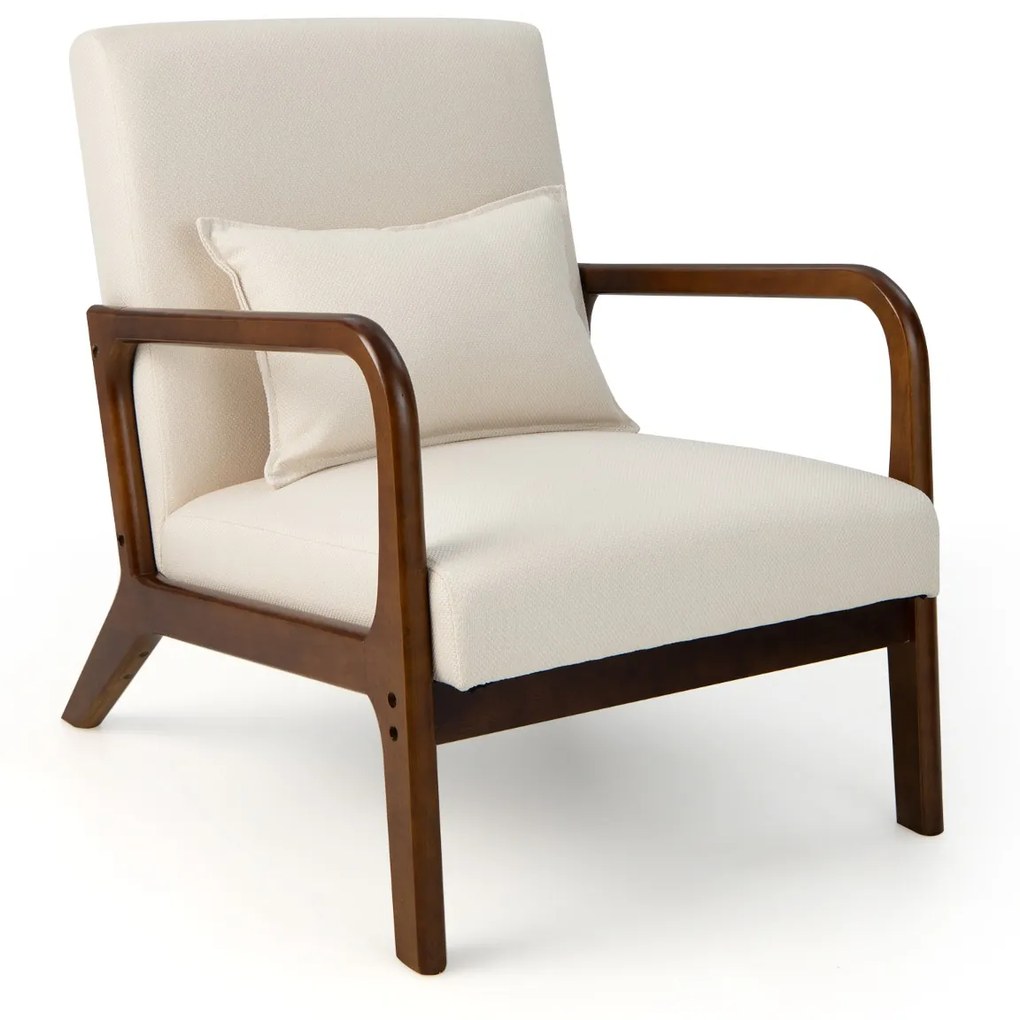 Poltrona Moderna 79 x 65 x 77 cm com Estrutura em Madeira de Borracha Almofada Lombar Almofadas de Feltro Antiderrapantes Bege