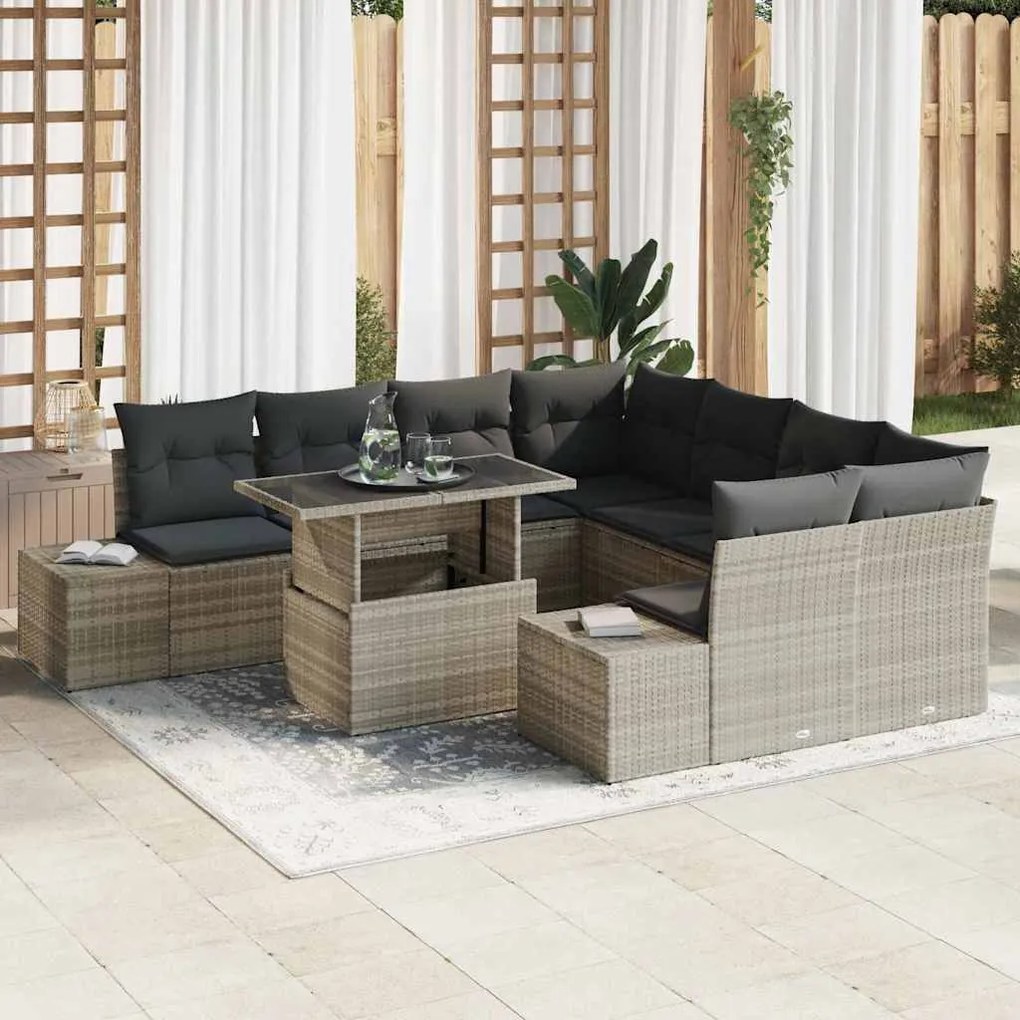 Conjunto de Sofás de Jardim com 9 Peças e Almofadas Cinza Claro em Rat