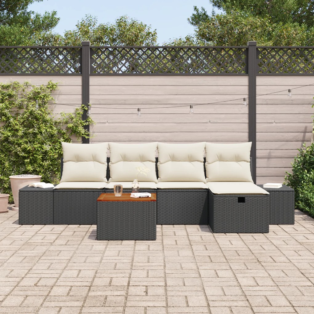 Conjunto de Sofás de Jardim de 6 Peças com Almofadas de Vime Preto