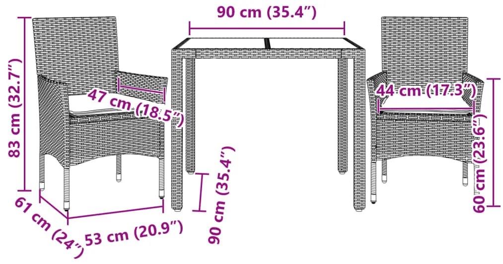 3pcs conjunto jantar jardim c/almofadões vime PE/vidro castanho