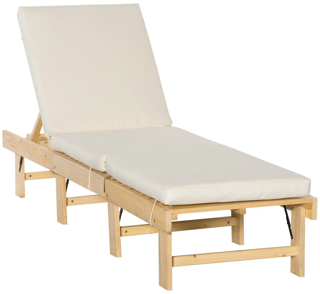 Outsunny Espreguiçadeira de Madeira Dobrável com Encosto Ajustável em 4 Posições Almofada Removível Carga Máxima 113kg para Jardim Terraço Campismo Exterior 195x59x30cm Madeira e Creme
