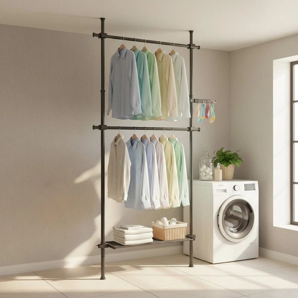 Guarda-roupa aberto com 2 varões e 1 prateleira com 3 níveis 33,5 x (84-123) x (220-300) cm , ajustável em altura e largura Preto