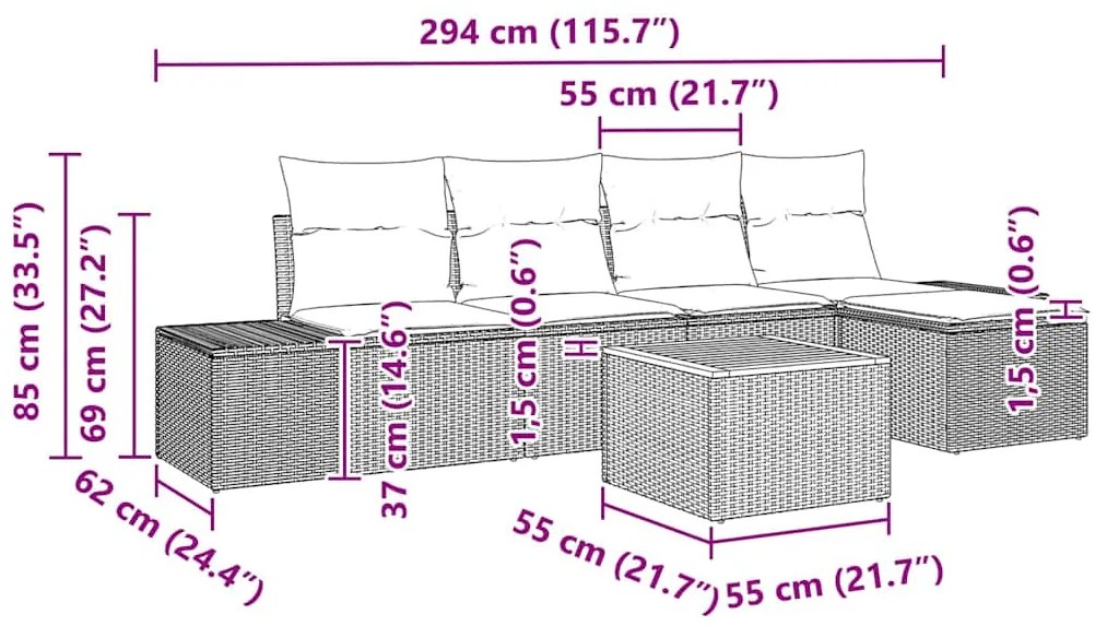 Conjunto de Sofá de Jardim com 6 Peças e Almofadas Cinzas em Poliratta