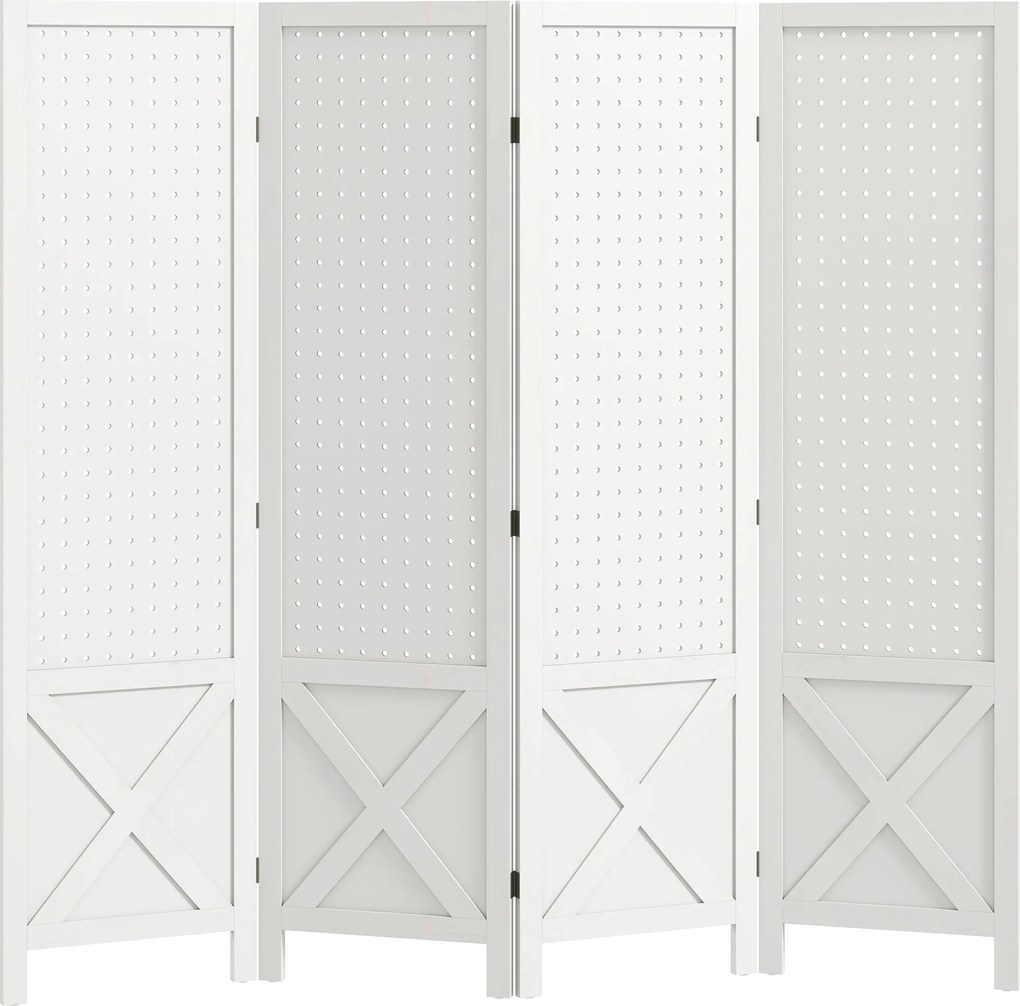 HOMCOM Biombo interior em madeira 4 painéis separador de ambientes dobrável painel perfurado 152 x 1,7 x 144,5 cm branco | Aosom Portugal