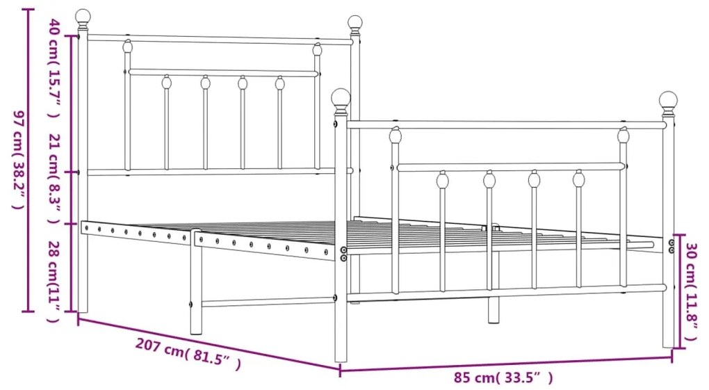 Estrutura de cama com cabeceira e pés 80x200 cm metal preto