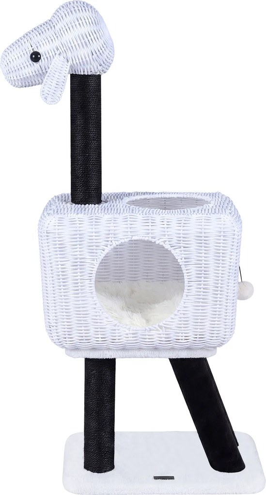 Arranhador para gatos 35,5 x 47 x 110 cm em rattan PE com postes de sisal, almofada felpuda, bola suspensa, 2 entradas, casinha em forma de cordeiro,