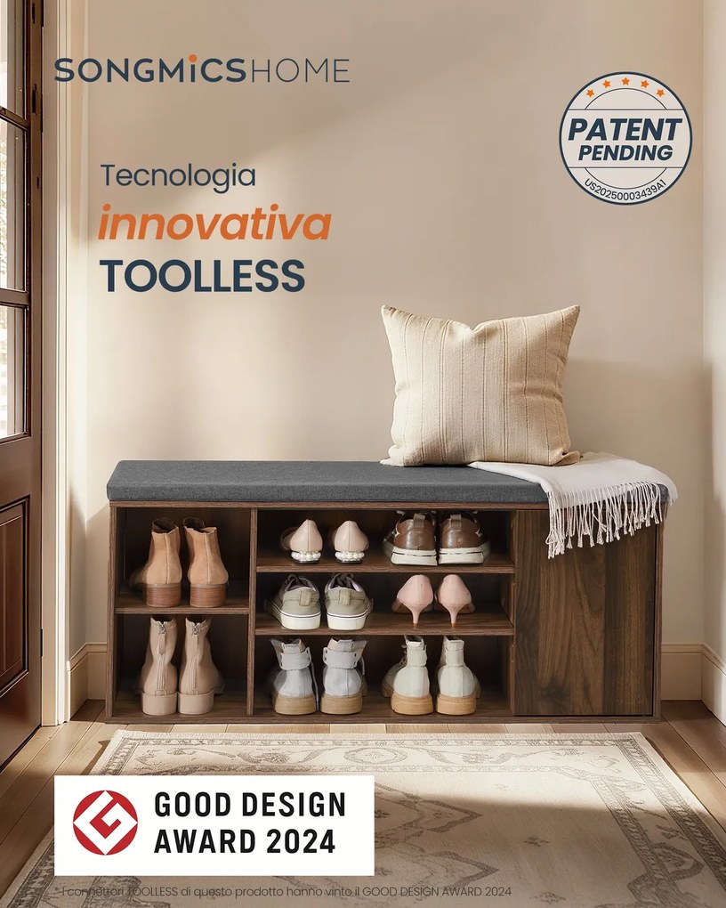 Banco para sapatos 30,5 x 104 x 48 cm com espaço de arrumação e compartimentos abertos ajustáveis castanho-noz natural - cinzento ardósia