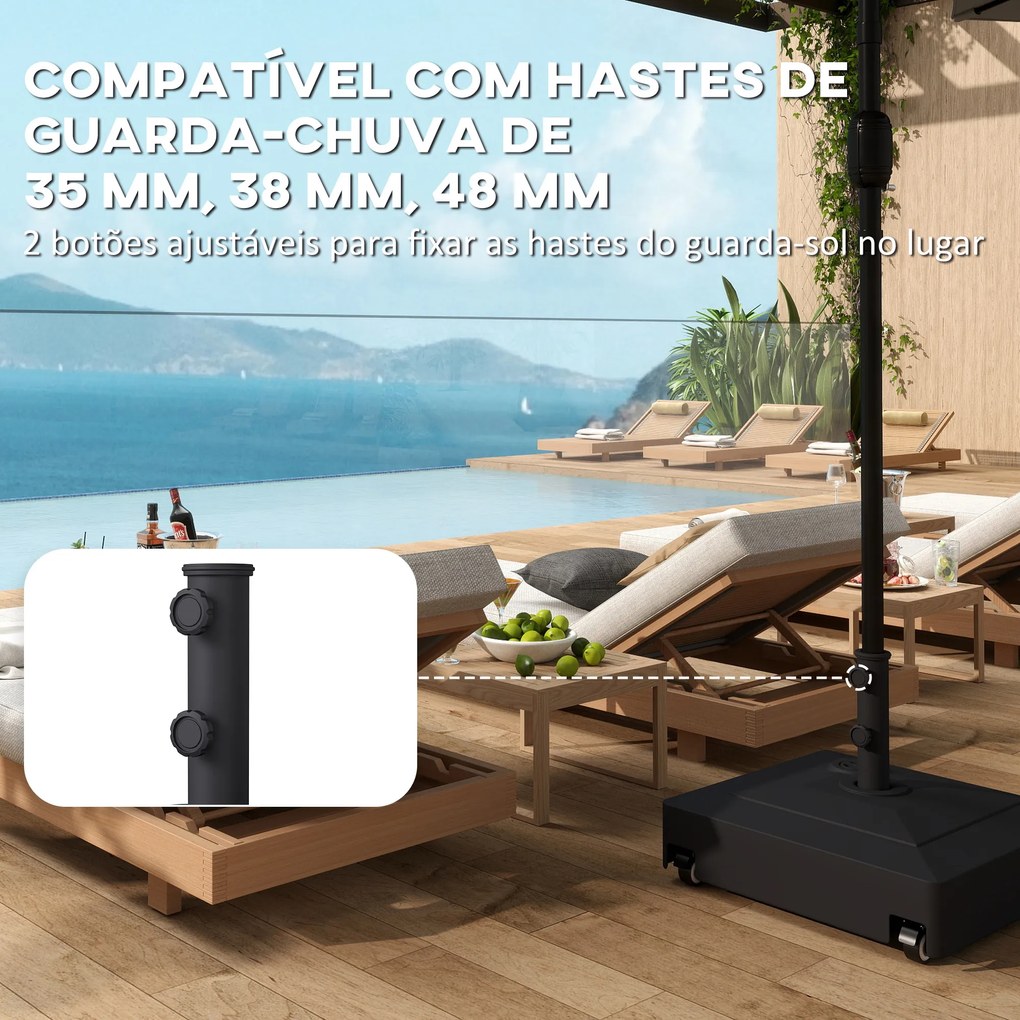 Base para Chapéu de Sol Quadrada com Rodas para Postes Ø35/38/48 mm, Recarregável com Areia 61 kg ou Água 40 kg Preto