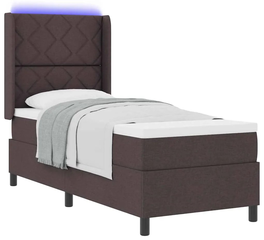 Cama Box com Colchão e LED Castanho Escuro 80x200 cm, Tecido