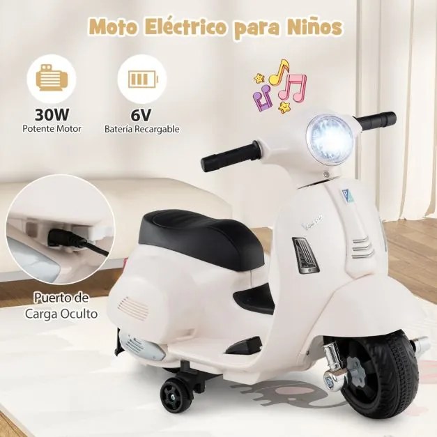 Mota elétrica para crianças 6V com rodas de treino removíveis Faróis Buzina branca