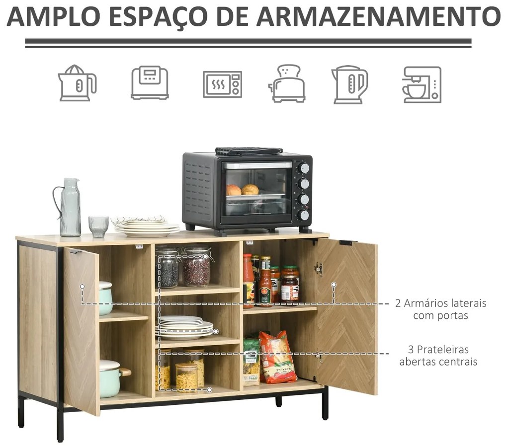 Aparador de Cozinha com 2 Portas Prateleiras Ajustáveis e 3 Compartimentos Abertos Móvel Auxiliar para Sala de Jantar e Sala de Estar 120x39,2x76cm
