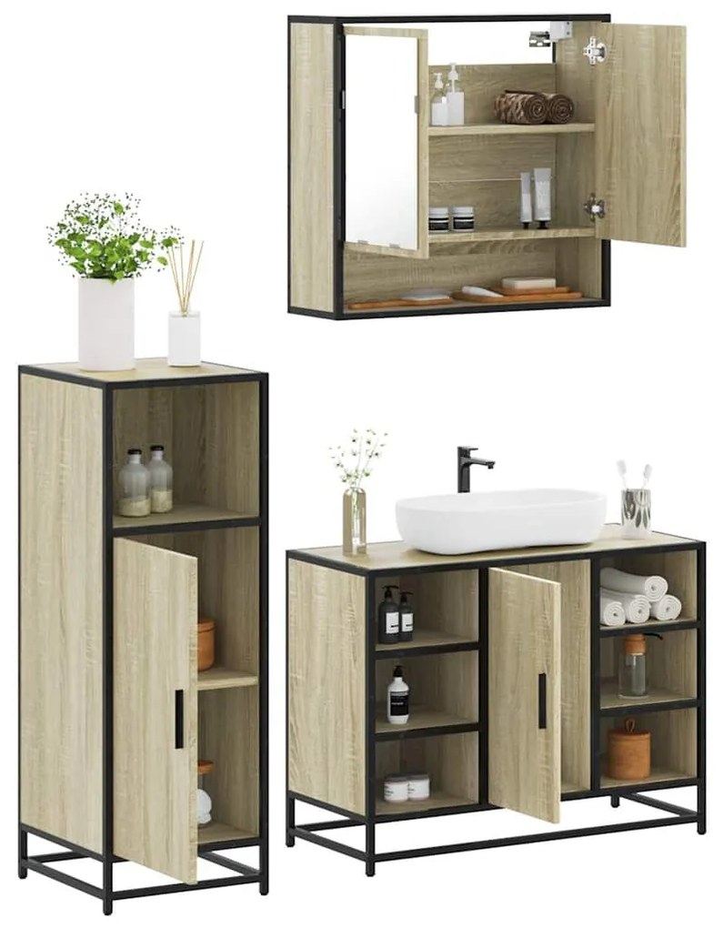 vidaXL 3 pcs conj. móveis casa banho derivados madeira carvalho sonoma