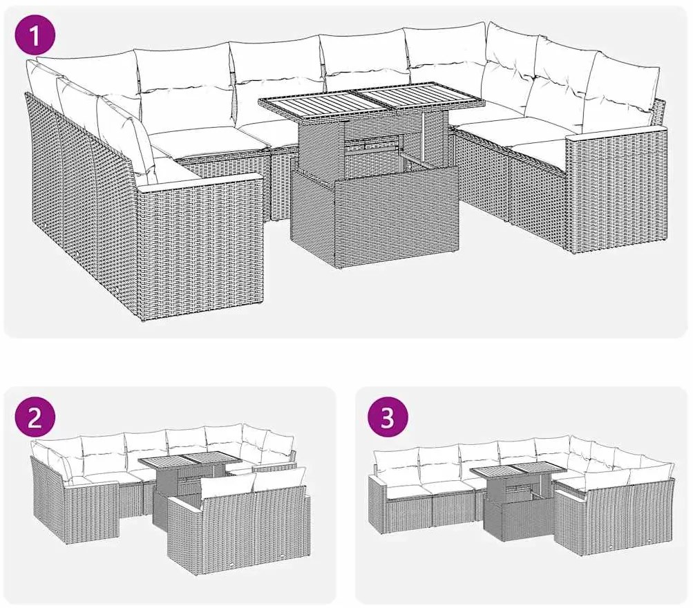 10 pcs conjunto sofás de jardim c/ almofadões vime PE cinzento