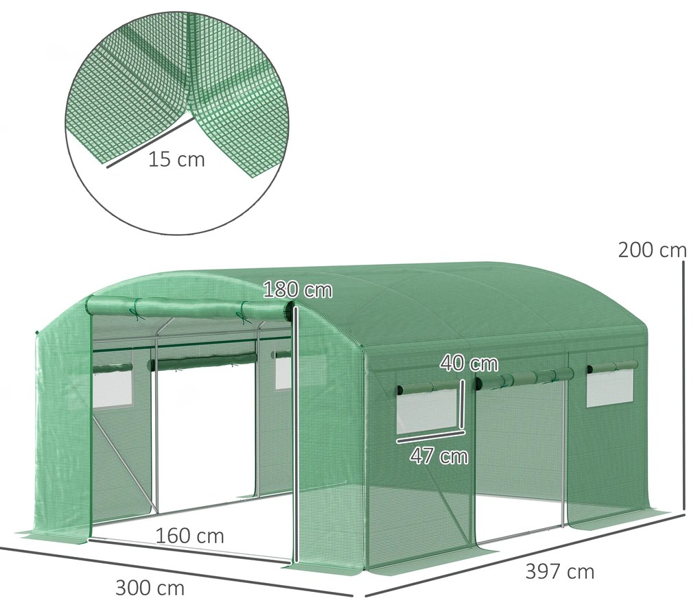 Estufa tipo Túnel 397x300x200 cm Estufa de Exterior com 4 Janelas de Malha Cobertura de PE Anti UV e 3 Portas Enroláveis Verde