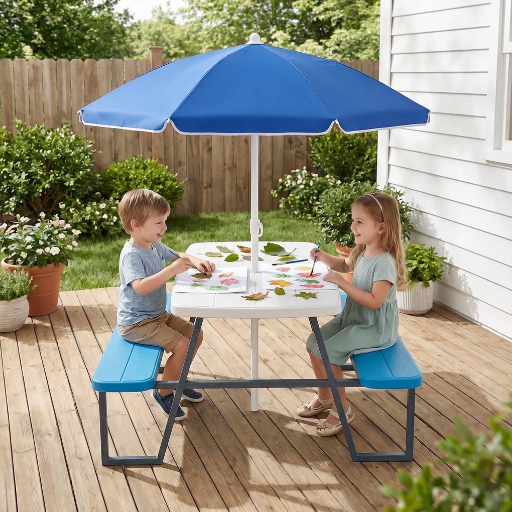 Mesa de Piquenique Infantil com 2 Bancos Integrados, 102 x 100 x 150 cm, Guarda-sol Removível e Ajustável, Azul