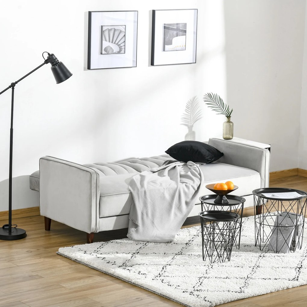 HOMCOM Sofá de 2 Lugares Convertível em Cama Estofado Aveludado com Encosto Ajustável e Pés de Madeira para Sala de Estar Escritório 189x81x83,5cm Cinza Claro