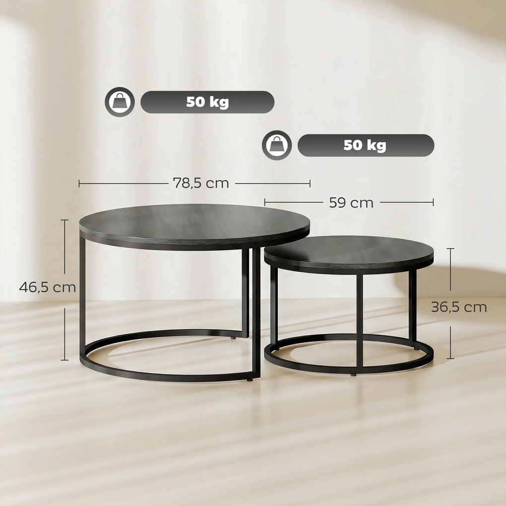 Conjunto de 2 mesas baixas encaixáveis e empilháveis, de design industrial, com pés em metal preto