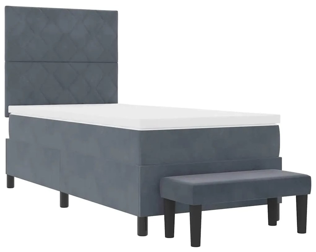 Cama Box Spring com Colchão e Banco Cinza Escura 90x190 cm Veludo