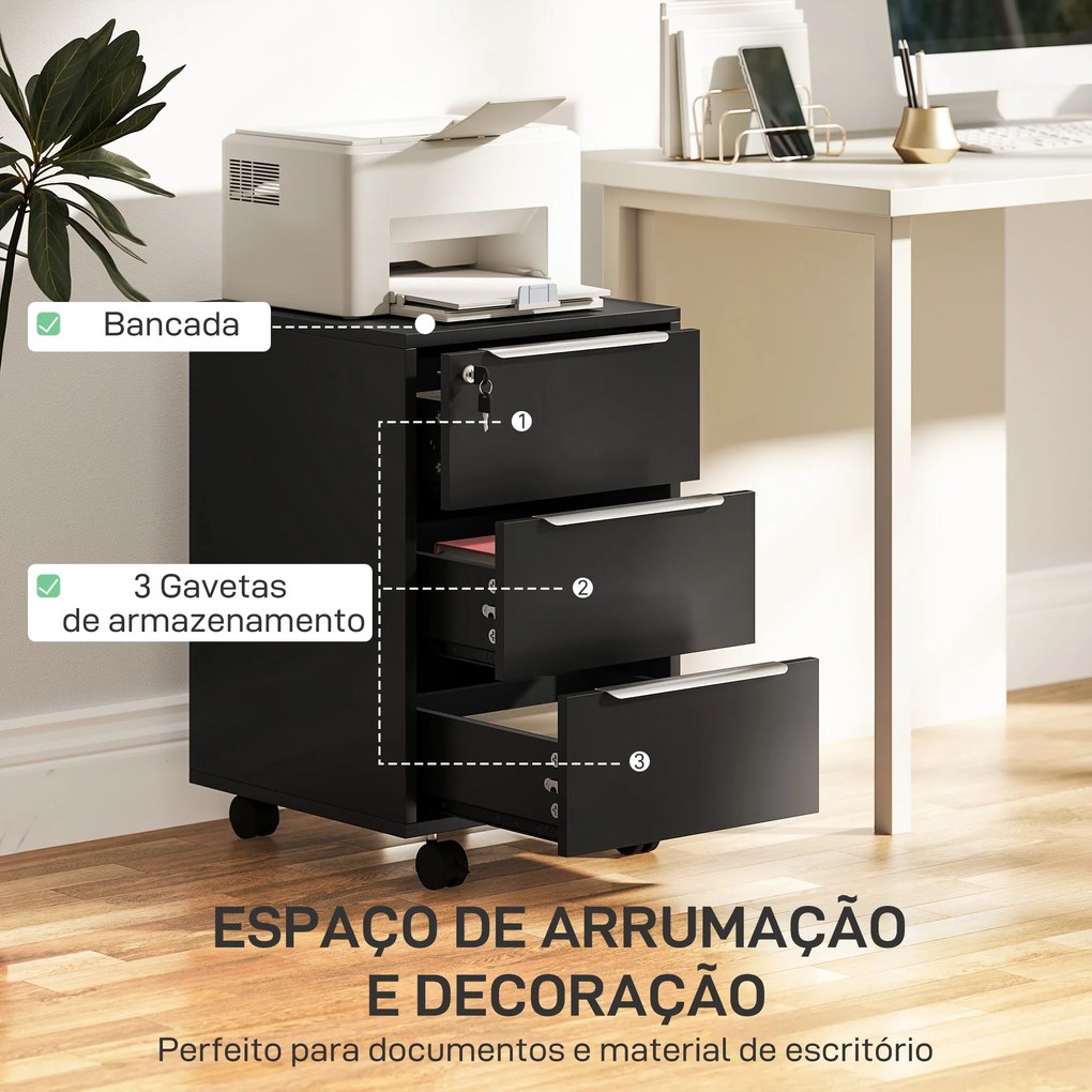 Bloco de Gavetas de Escritório com 3 Gavetas Rodas Fecho e 2 Chaves Arquivador Móvel 40x40x63,5 cm Preto