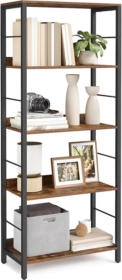 Estante com 5 prateleiras e painéis traseiros em design industrial 30 x 60 x 144 cm Castanho vintage + Preto