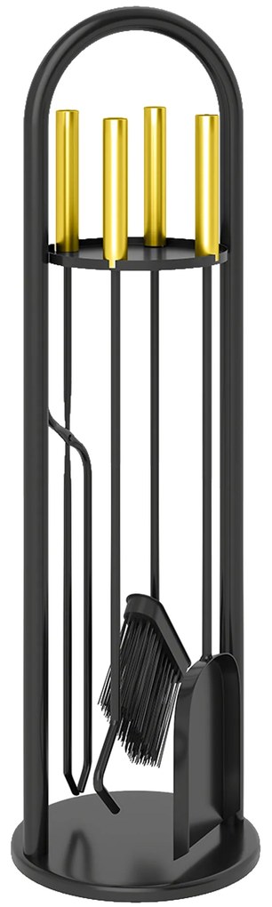 Outsunny Conjunto de Acessórios para Lareira de 5 Peças de Metal com Vassoura Pá Tenazes Atiçador e Suporte 20x20x71 cm Dourado