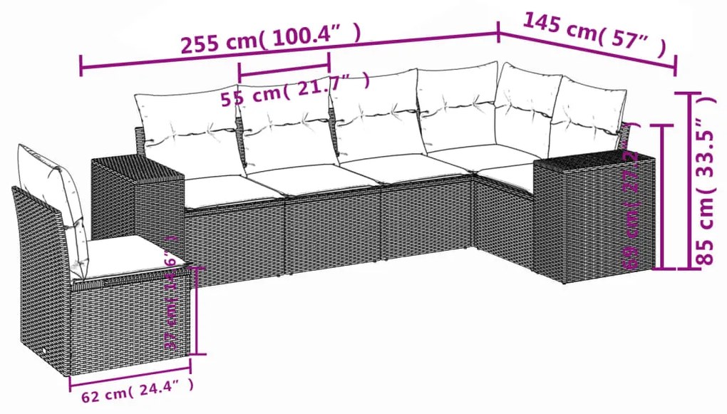 6 pcs conj. sofás jardim com almofadões vime PE cinzento-claro