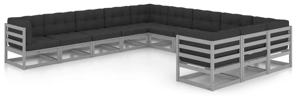 vidaXL 11 pcs conj. lounge jardim c/ almofadões pinho maciço cinzento