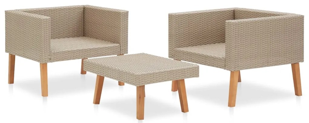 3 pcs conjunto lounge de jardim c/ almofadões vime PE bege