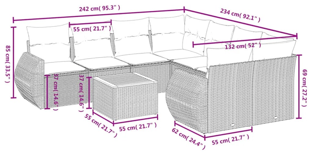 9 pcs conjunto de sofás p/ jardim c/ almofadões vime PE preto