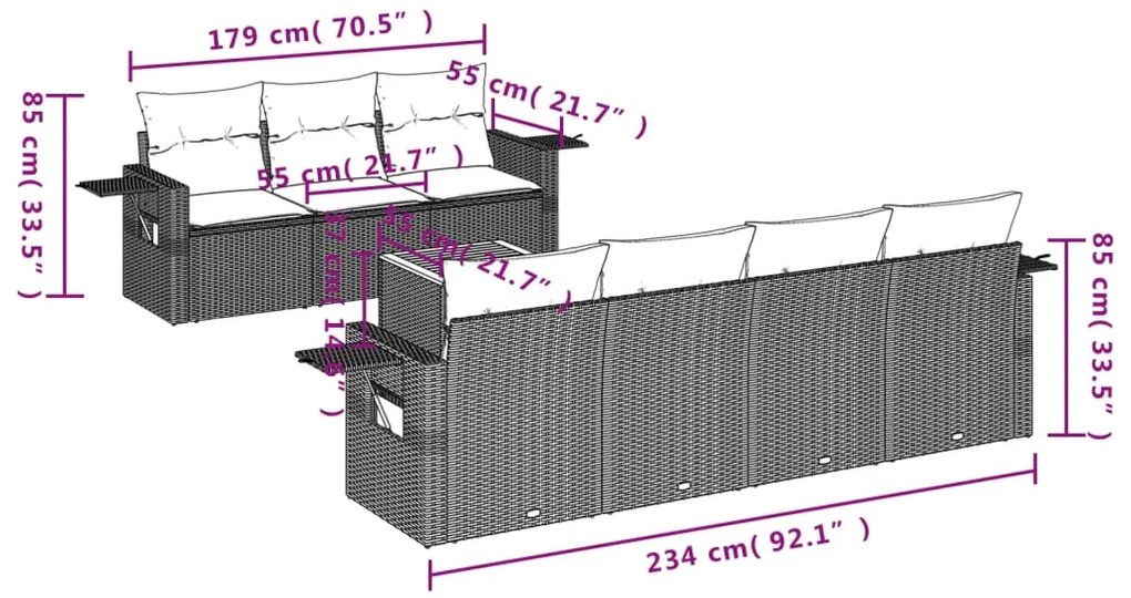 8 pcs conj. sofás jardim c/ almofadões vime PE bege misturado