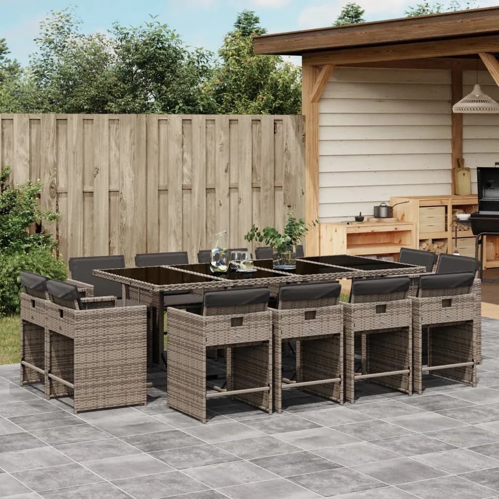 vidaXL 13 pcs conjunto jantar p/ jardim c/ almofadões vime PE cinzento