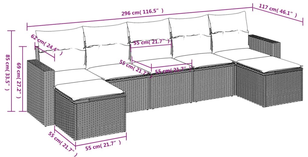 7 pcs conjunto de sofás p/ jardim com almofadões vime PE bege