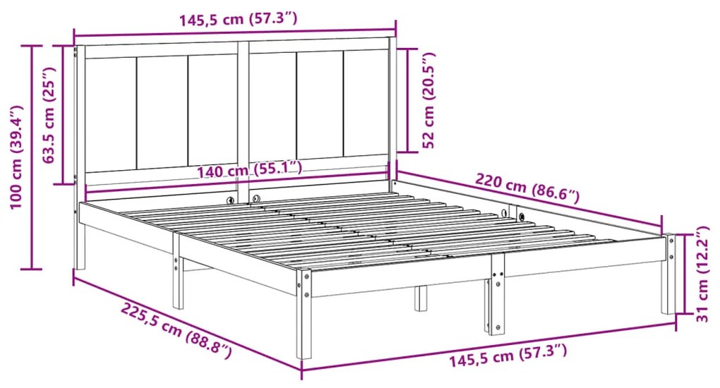 Cama extra longa sem colchão 140x220 cm madeira maciça
