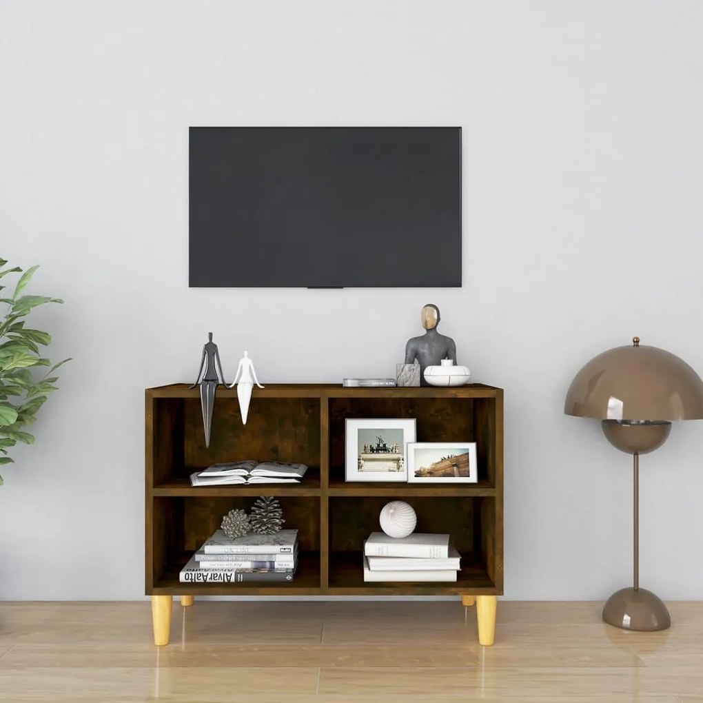 Móvel de TV pernas madeira maciça 69,5x30x50 cm carvalho fumado