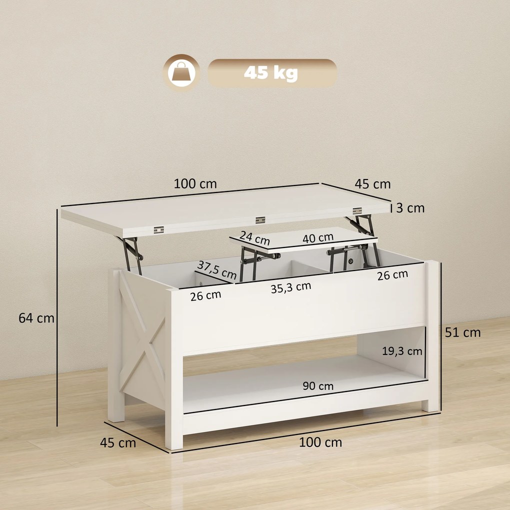 Mesa de Centro Elevatória e Extensível com Compartimentos Ocultos e Prateleira Aberta 100x90x64 cm Branco