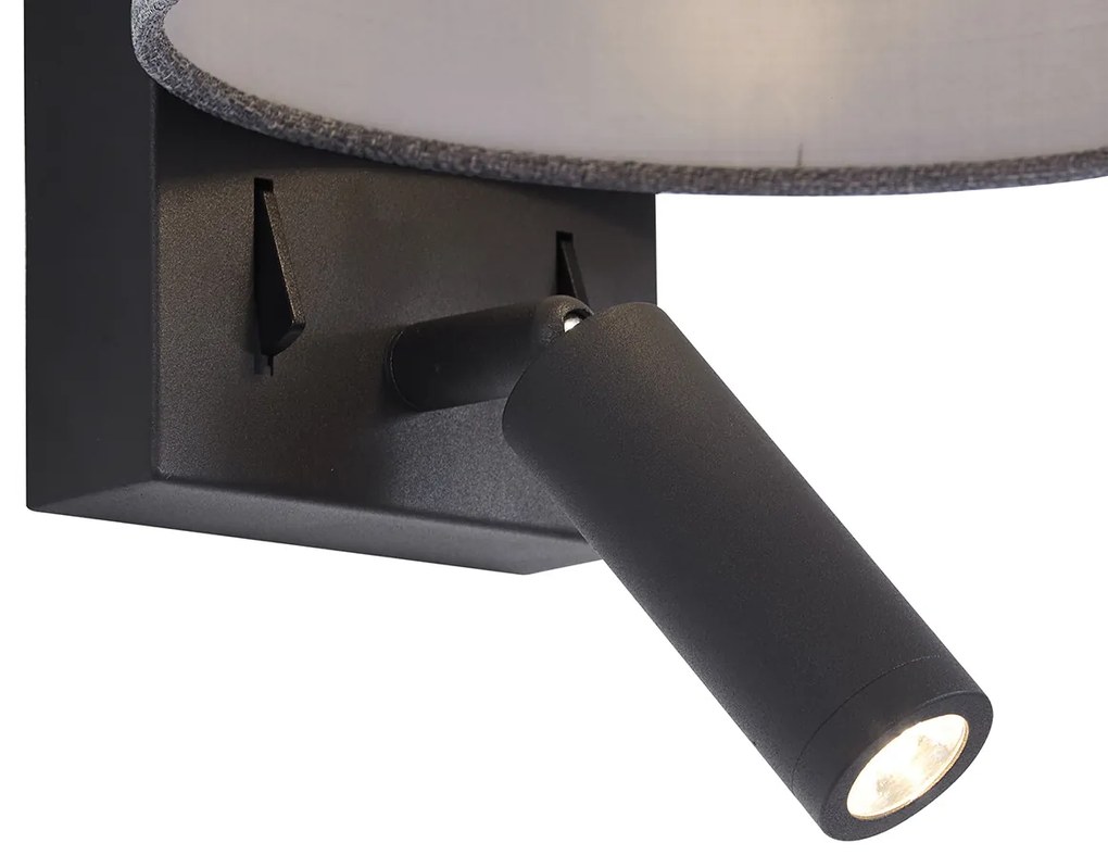 LED Candeeiro de parede moderno preto com redondo cinzento e luz de leitura - Puglia Moderno