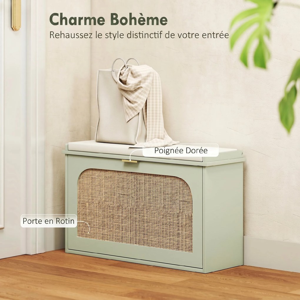 Sapateira 80 x 26 x 47,5 cm, banco com arrumação, assento almofadado, gaveta rebatível, porta em rattan, verde