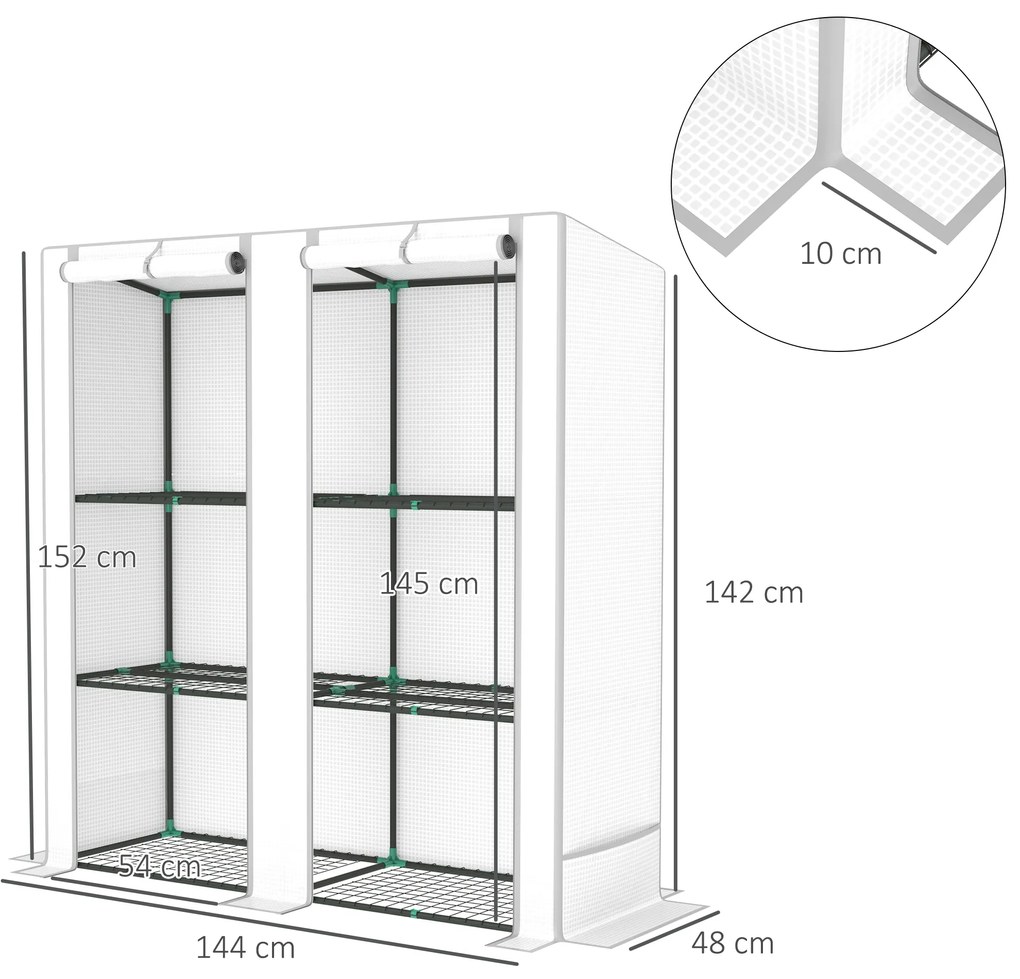 Estufa de Exterior Pequena com 3 Prateleiras 2 Portas de Enrolar Capa de PE e Estrutura de Aço 144x48x152 cm Branco
