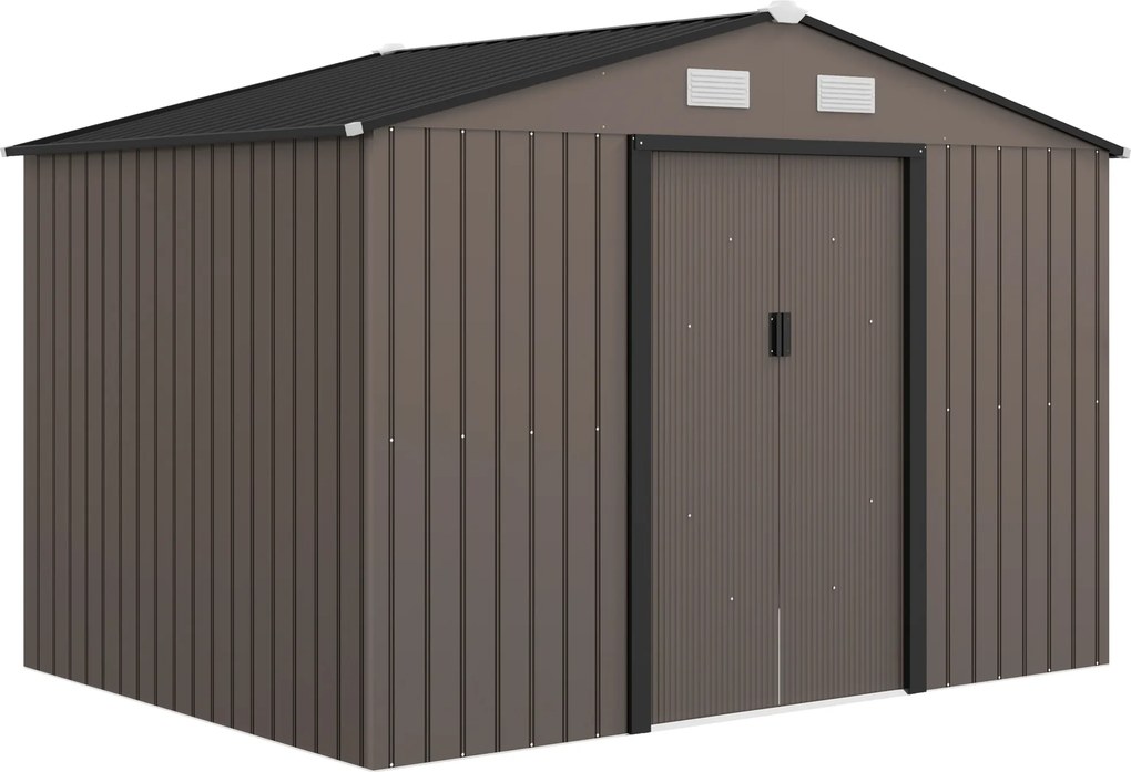 Abrigo de Jardim 277x195x192 cm Metálico para Armazenamento de Ferramentas com Base de Reforço Incluída Cor Efeito madeira