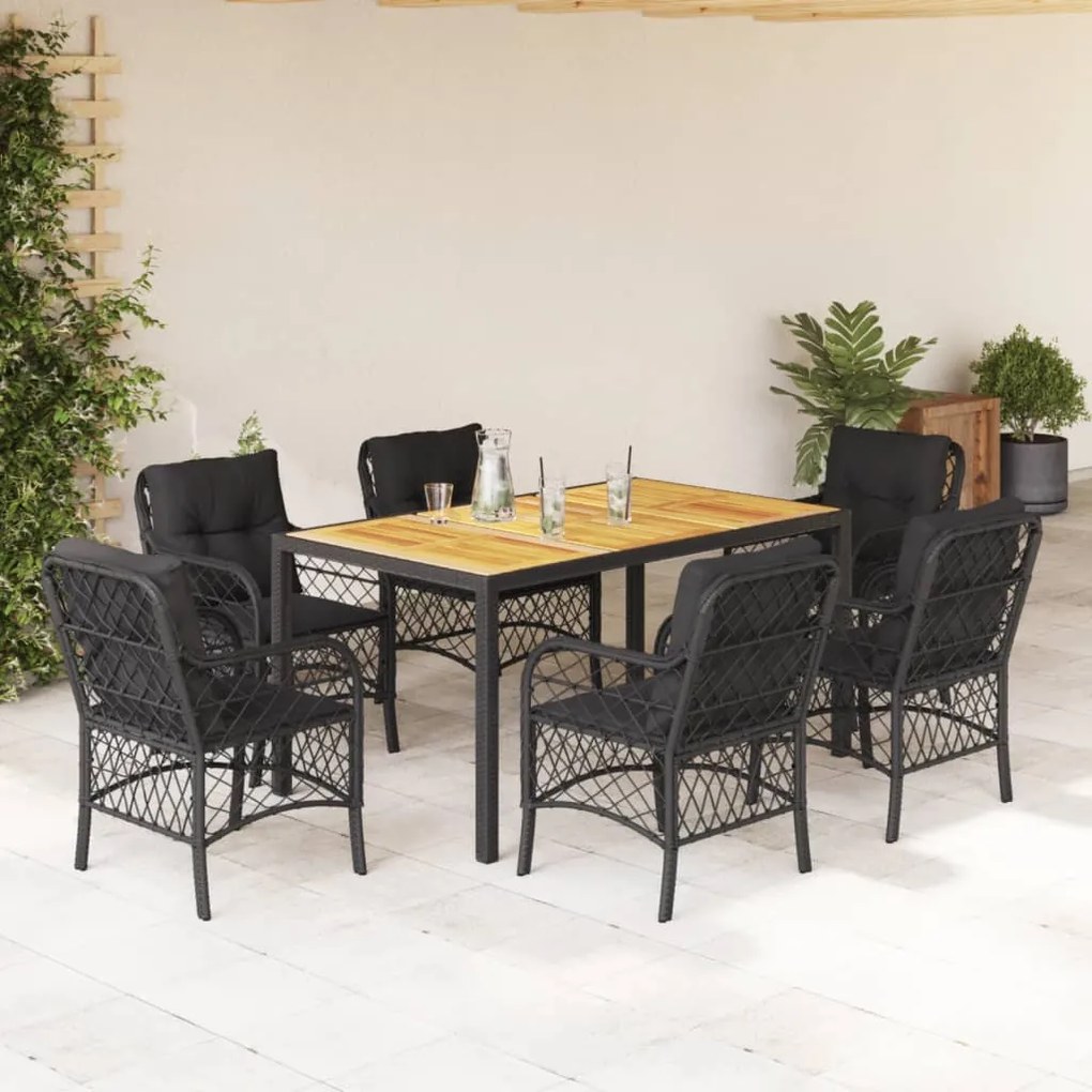 7 pcs conjunto de jantar p/ jardim c/ almofadões vime PE preto