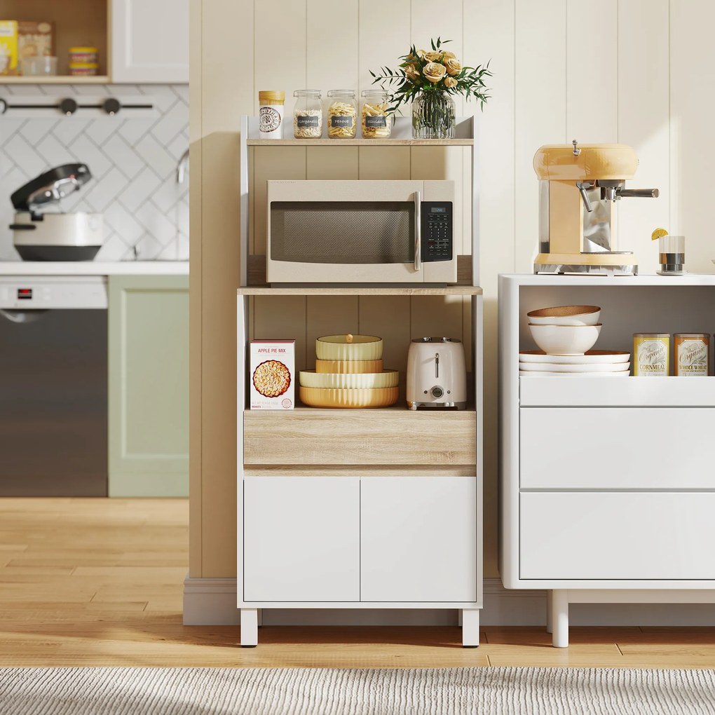 Móvel aparador de cozinha com armário, gaveta e prateleira superior, 60 x 40 x 131 cm, em carvalho e branco