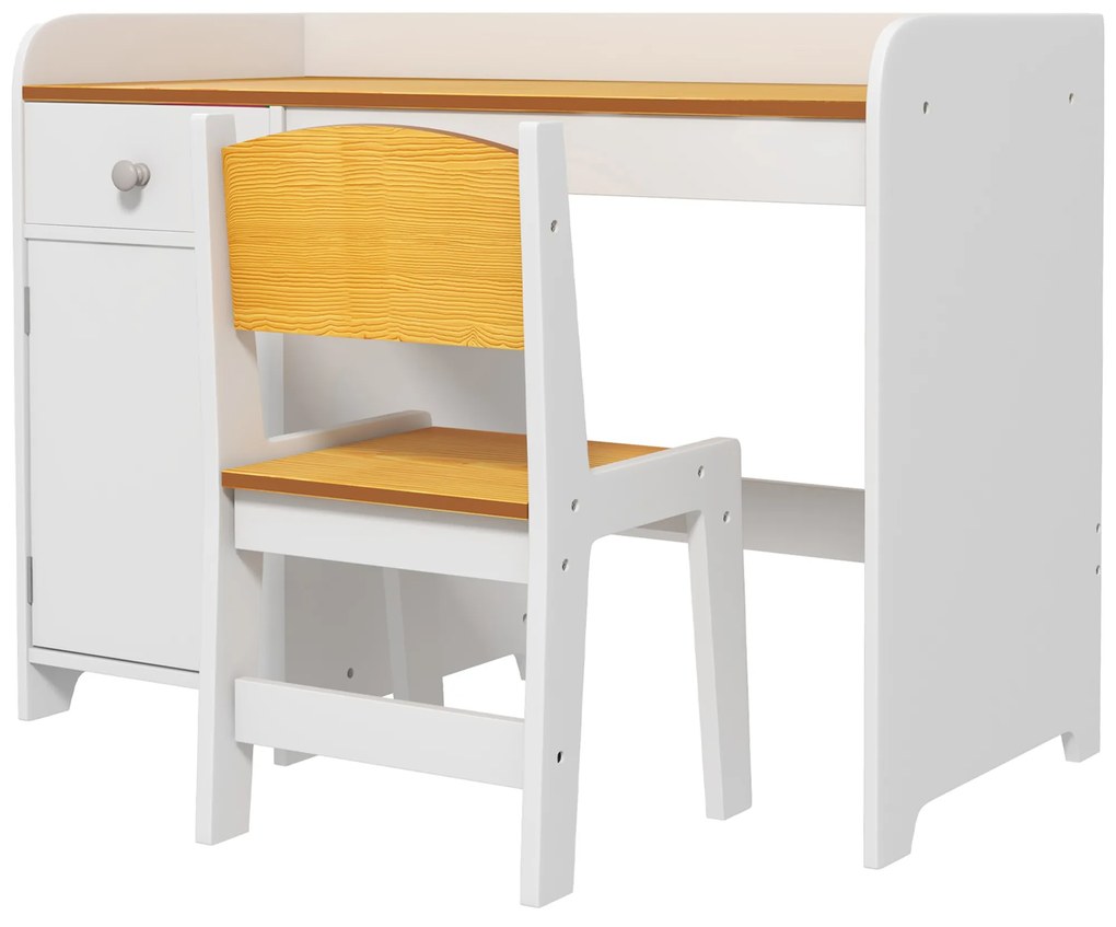 ZONEKIZ Conjunto de Secretária e Cadeira para Crianças Conjunto Infantil de 2 Peças com Gaveta e Armário para Quarto Branco e Natural | Aosom Portugal