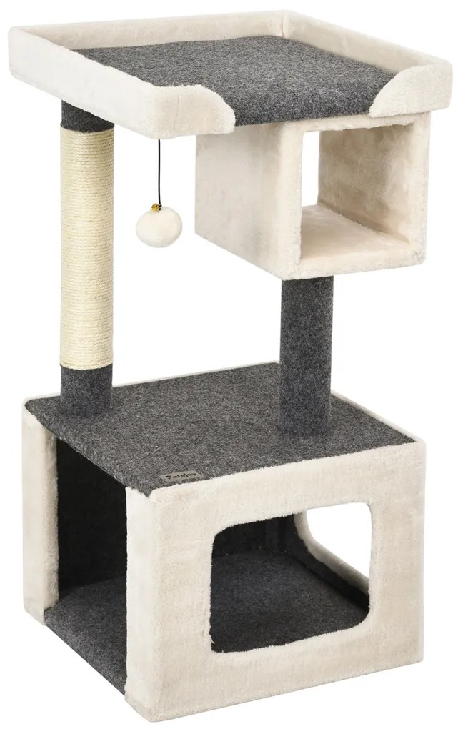 Arranhador para gatos com Pequena Torre 80 cm e bola felpuda Centro de atividades para gatinhos Branco e cinza