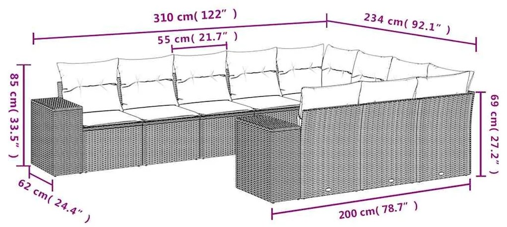 10 pcs conjunto sofás de jardim c/ almofadões vime PE preto