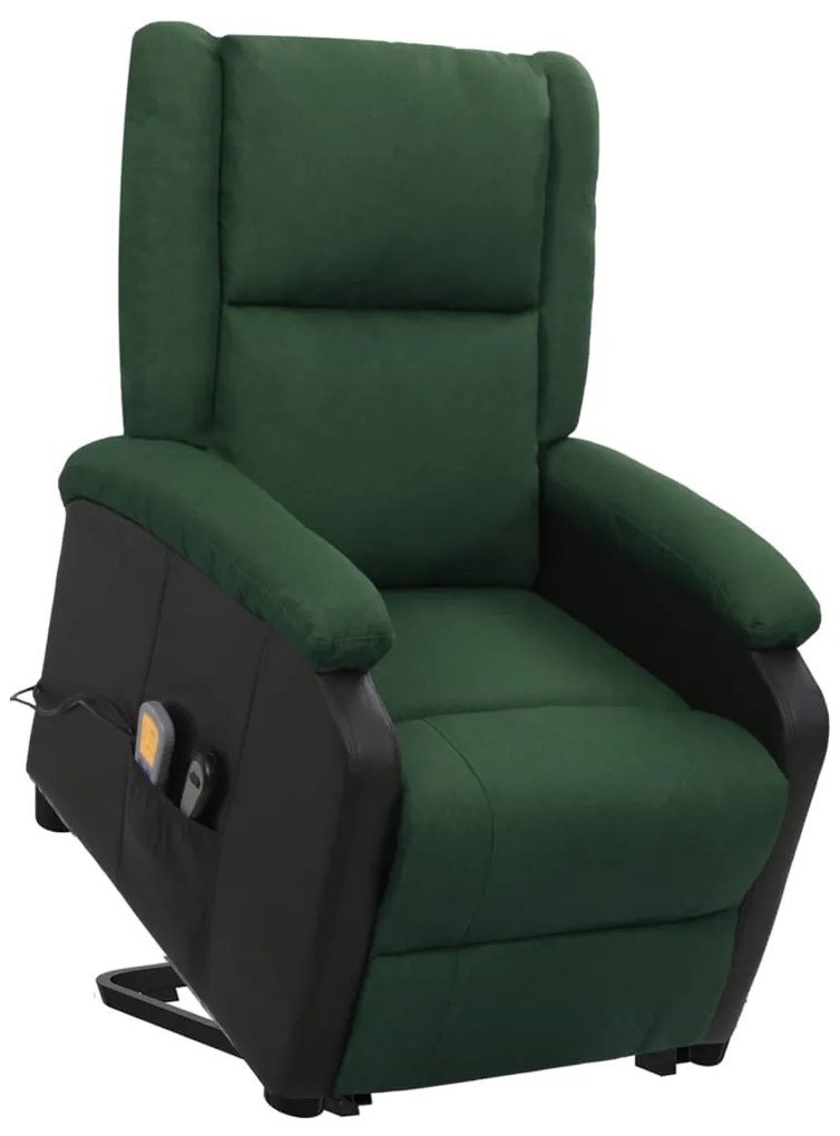 329519 vidaXL Poltrona elevatória de massagens tecido verde-escuro