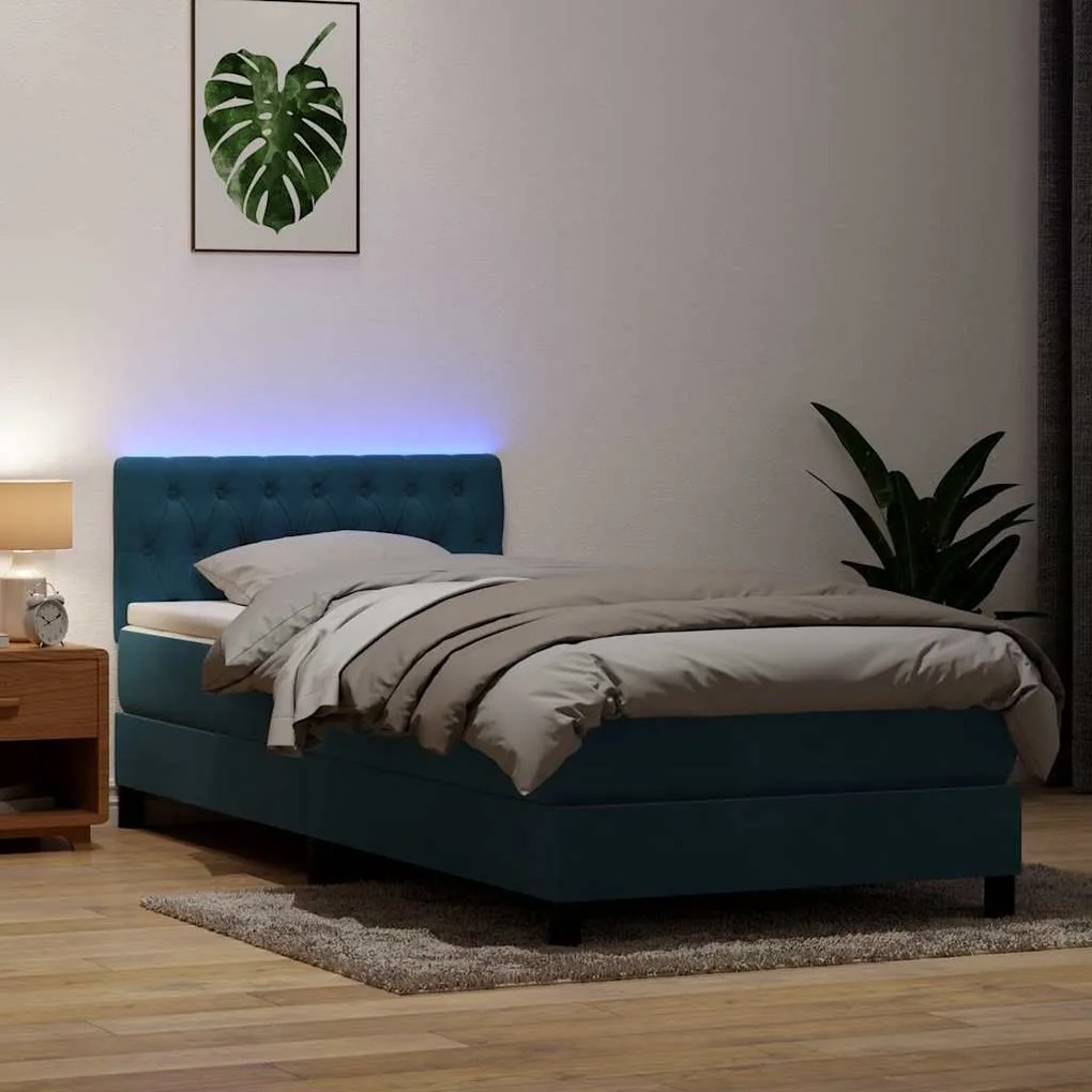 vidaXL Cama box spring c/ colchão e LED 100x210 cm veludo azul-escuro