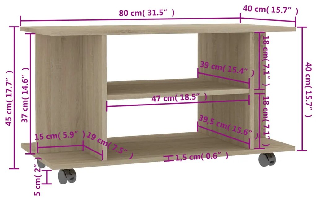 Móvel de TV com rodas 80x40x45 cm deriv.madeira carvalho sonoma